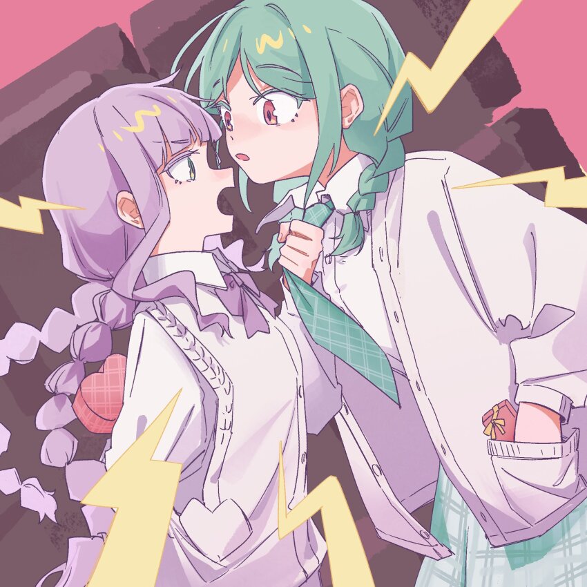 2girls, aqua_hair, aqua_necktie, aqua_skirt, arm_behind_back, blunt_bangs, blush, bow