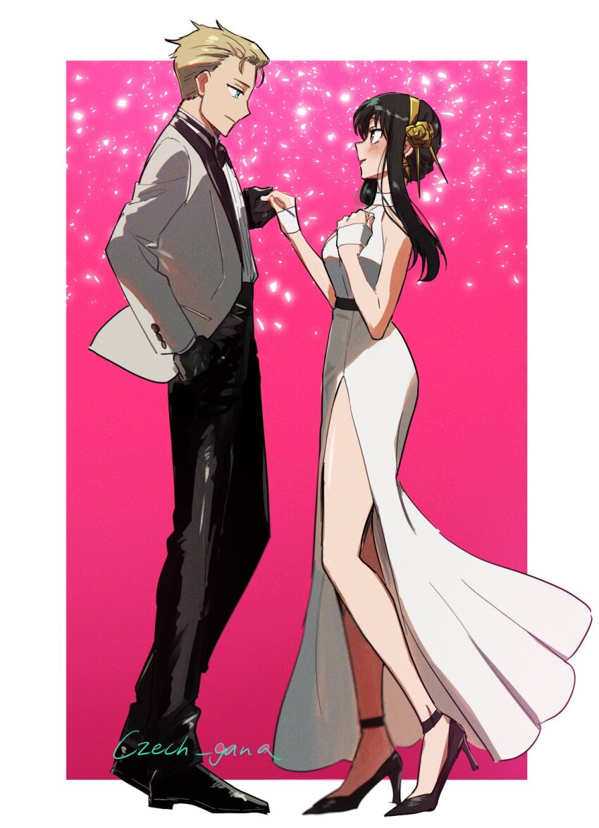 1boy, 1girl, black_pants, blonde_hair, commentary_request, czech_gana, dress, eye_contact, full_body, gloves, hair_bun, hair_slicked_back, halterneck, highres, holding_hands, jacket, looking_at_another, pants, pink_background, profile, short_hair, side_slit, sidelocks, smile, spy_x_family, twilight_(spy_x_family), twitter_username, white_dress, white_jacket, yor_briar