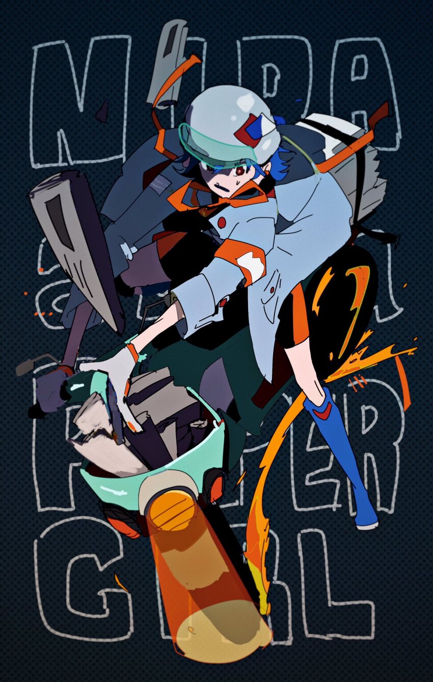 aqua_coat, aqua_outline, aqua_sleeves, armband, black_background, black_bodysuit, black_outline, blue_footwear, blue_hair, bodysuit, boots, buttoned_cuffs, buttons, character_name, checkered_background, coat, commentary_request, english_text, glove_cuffs, gloves, headlight_beam, helmet, highres, jpeg_artifacts, jyagaricoeater, knee_boots, long_sleeves, looking_at_object, motor_vehicle, motorcycle, neko_reset_(zutomayo), newspaper_stack, nira-chan, nira-chan_(newspaper_delivery_girl)_(neko_reset)_(zutomayo), orange_armband, outline, pocket, red_eyes, rolled-up_newspaper, short_hair, sleeve_cuffs, sparks, three-quarter_sleeves, unfinished, wheel, white_gloves, white_helmet, zutto_mayonaka_de_ii_no_ni