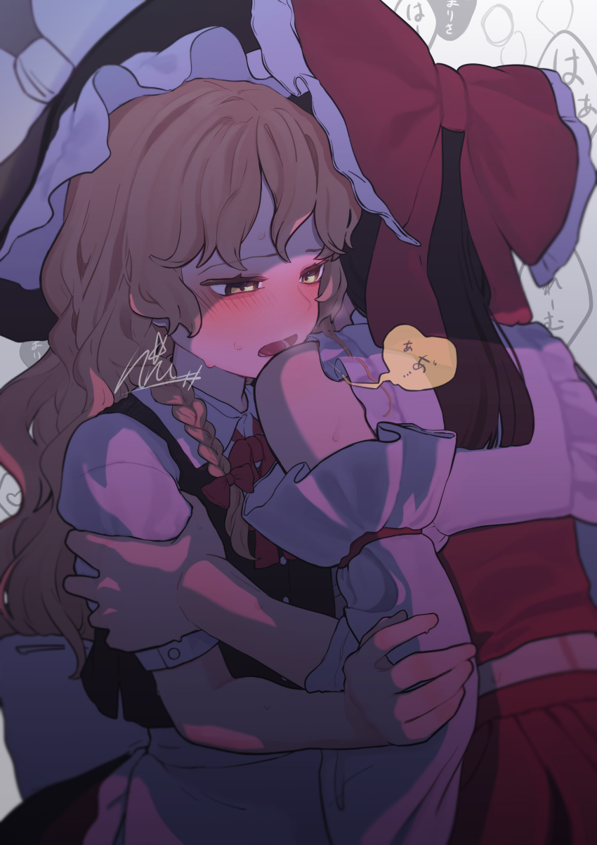 2girls, absurdres, bare_shoulders, black_hair, black_hat, black_skirt, black_vest, blonde_hair