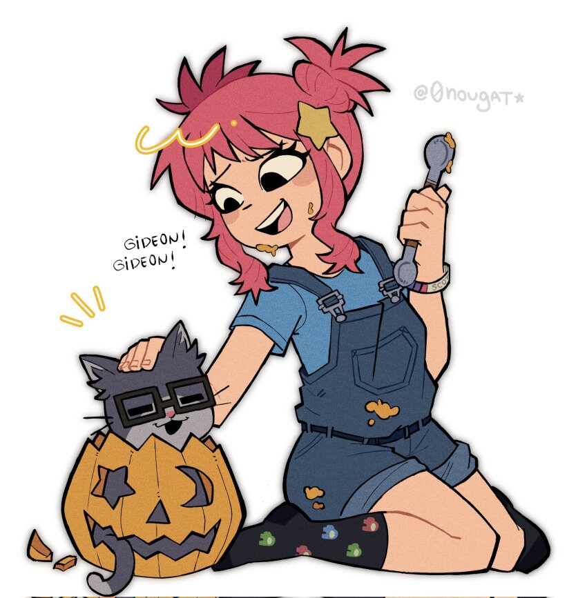 0nougat, 1girl, among_us, blue_(among_us), blue_overalls, cat, corrupted_twitter_file, cosplay, cosplay_request, crewmate_(among_us), double_bun, gideon_(cat)_(scott_pilgrim), gideon_graves, gideon_graves_(cosplay), glasses, green_(among_us), hair_bun, hair_ornament, highres, jack-o'-lantern, name_connection, official_style, overalls, pink_hair, ramona_flowers, red_(among_us), scott_pilgrim_(series), scott_pilgrim_takes_off, sidelocks, simple_background, sitting, solo, star_(symbol), star_hair_ornament, wariza, white_background
