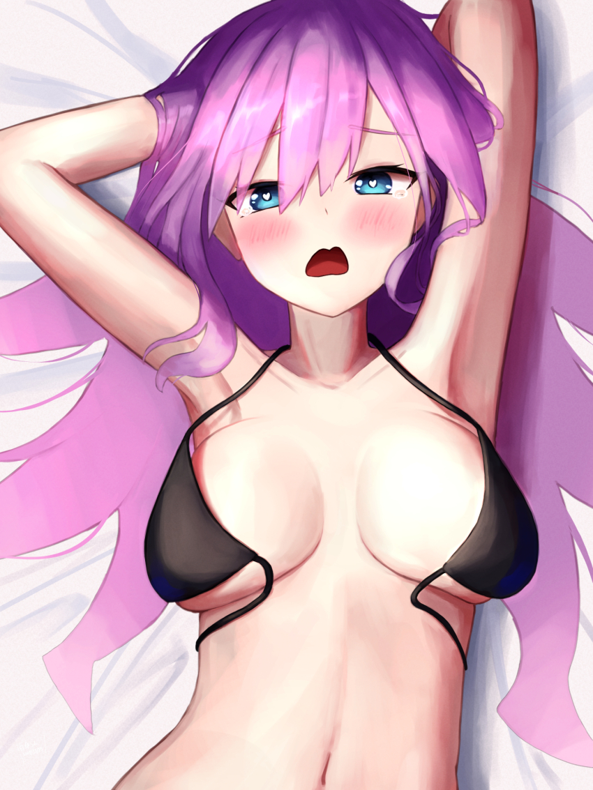 1girl, armpits, arms_behind_back, black_bra, blush, bra, breasts, duel_monster