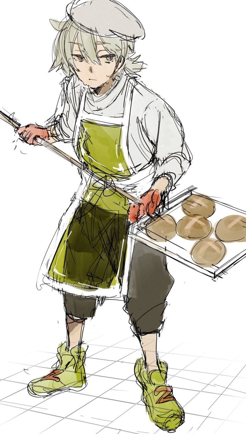 1boy, apron, baggy_pants, beret, black_outline, bread, bread_bun, collar