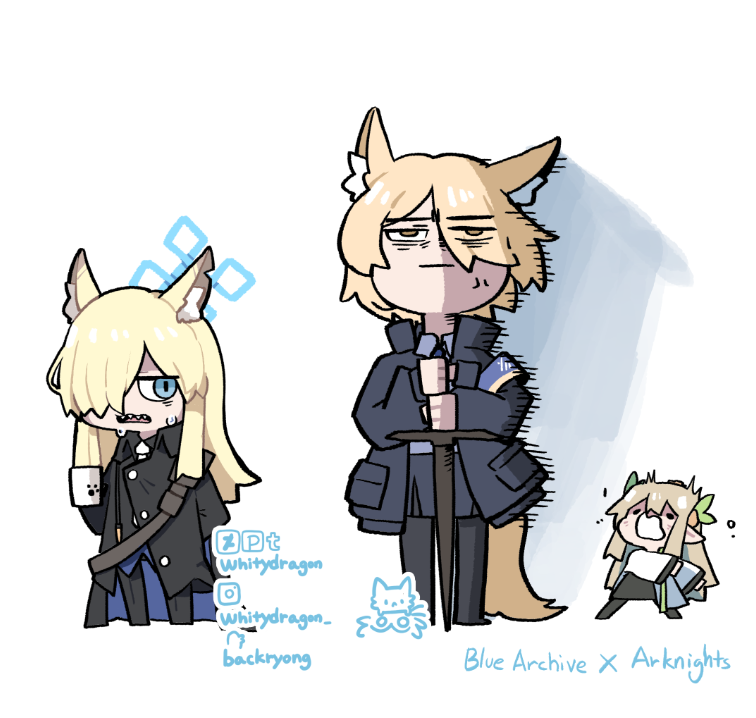 1boy, 2girls, animal_ear_fluff, animal_ears, arknights, armband, black_coat, black_pants, blonde_hair, blue_archive, blue_halo, brown_hair, closed_mouth, coat, collared_shirt, commentary, copyright_name, cosplay, crossdressing, crossover, deformed, deviantart_logo, deviantart_username, dog_ears, dog_girl, english_commentary, full_body, hair_over_one_eye, halo, horse_boy, horse_ears, horse_tail, instagram_logo, instagram_username, jacket, kanna_(blue_archive), kanna_(blue_archive)_(cosplay), long_hair, long_sleeves, look-alike, looking_at_another, looking_at_viewer, mlynar_(arknights), mlynar_(arknights)_(cosplay), muelsyse_(arknights), multiple_girls, necktie, notched_ear, open_clothes, open_mouth, pants, pixiv_logo, pixiv_username, pointy_ears, purple_armband, shadow, sharp_teeth, shirt, surprised, sweat, tail, teeth, tumblr_logo, tumblr_username, twitter_logo, twitter_username, white_background, white_necktie, whitydragon