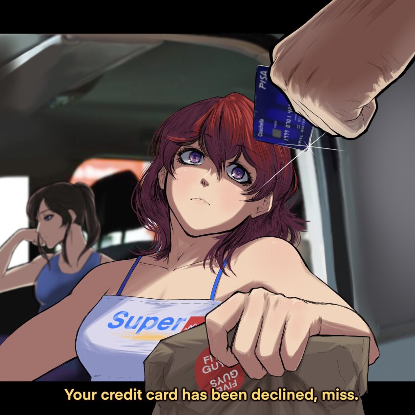 1other, ari_(class_of_09), bag, bare_arms, black_hair, blue_eyes, blue_shirt, car, car_interior, class_of_09, credit_card, disembodied_hand, english_text, five_guys_burgers_and_fries, hair_between_eyes, hand_on_own_cheek, hand_on_own_face, highres, long_hair, medium_hair, motor_vehicle, nicole_(class_of_09), ponytail, purple_eyes, red_hair, shirt, sitting, tank_top, toma1080p, white_shirt, yuri