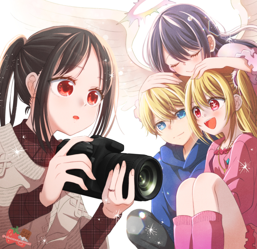 1boy, 3girls, :d, :o, angel, bare_shoulders, black_hair, black_pants