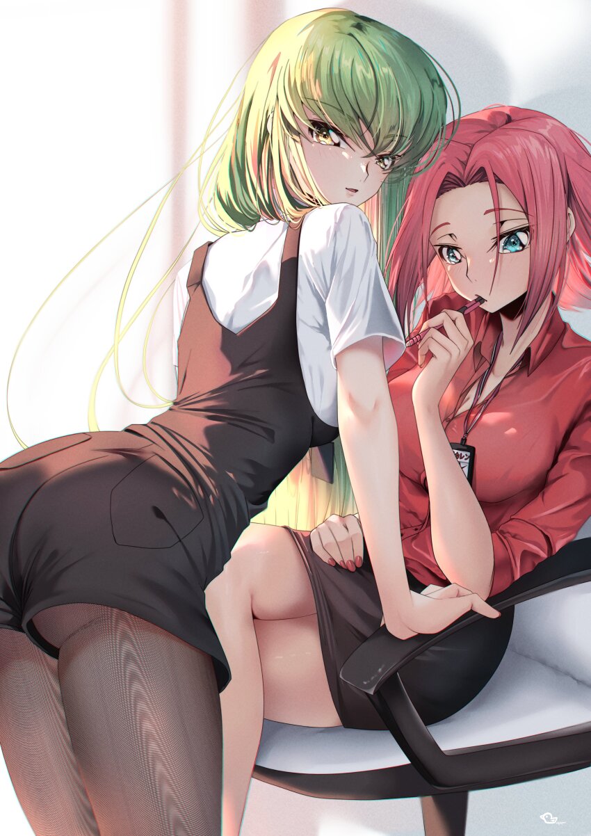 2girls, absurdres, artist_name, ass, black_skirt, blouse, blue_eyes, breasts