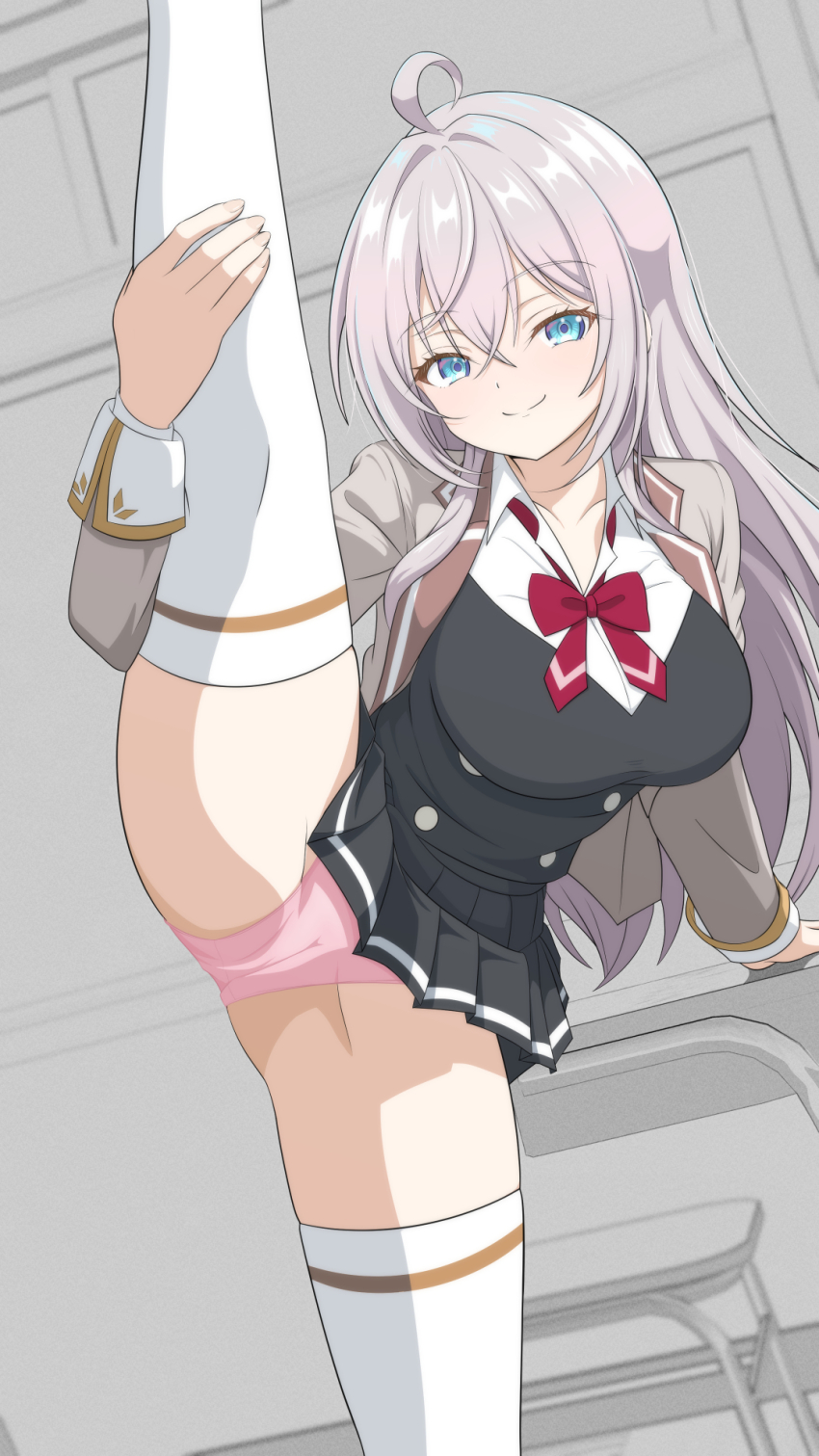 1girl, ahoge, alisa_mikhailovna_kujou, black_shirt, blue_eyes, breasts, brown_jacket, chair