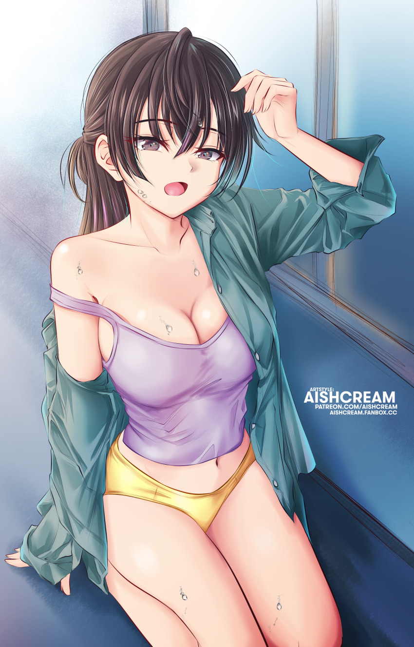 1girl, absurdres, adjusting_hair, aishcream24, armpits, artist_name, blue_shirt, breasts, brown_eyes, brown_hair, camisole, cleavage, eyebrows_hidden_by_hair, hair_between_eyes, highres, large_breasts, long_hair, looking_at_viewer, midriff, navel, open_mouth, panties, purple_camisole, seiza, shirt, sitting, solo, strap_slip, suou_yuki, sweat, tokidoki_bosotto_roshia-go_de_dereru_tonari_no_alya-san, underwear, yellow_panties