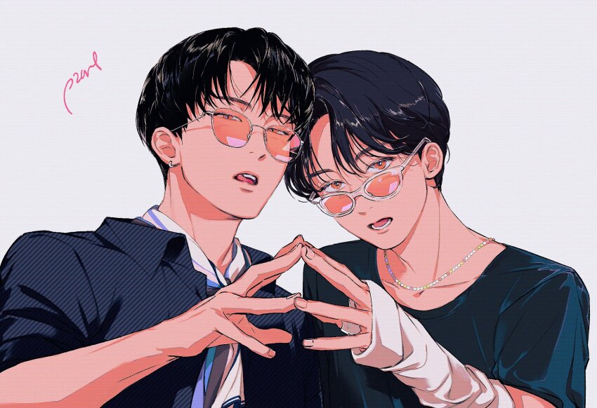 2boys, black_hair, black_shirt, collared_shirt, commentary_request, highres, jeonghan_(seventeen), jewelry