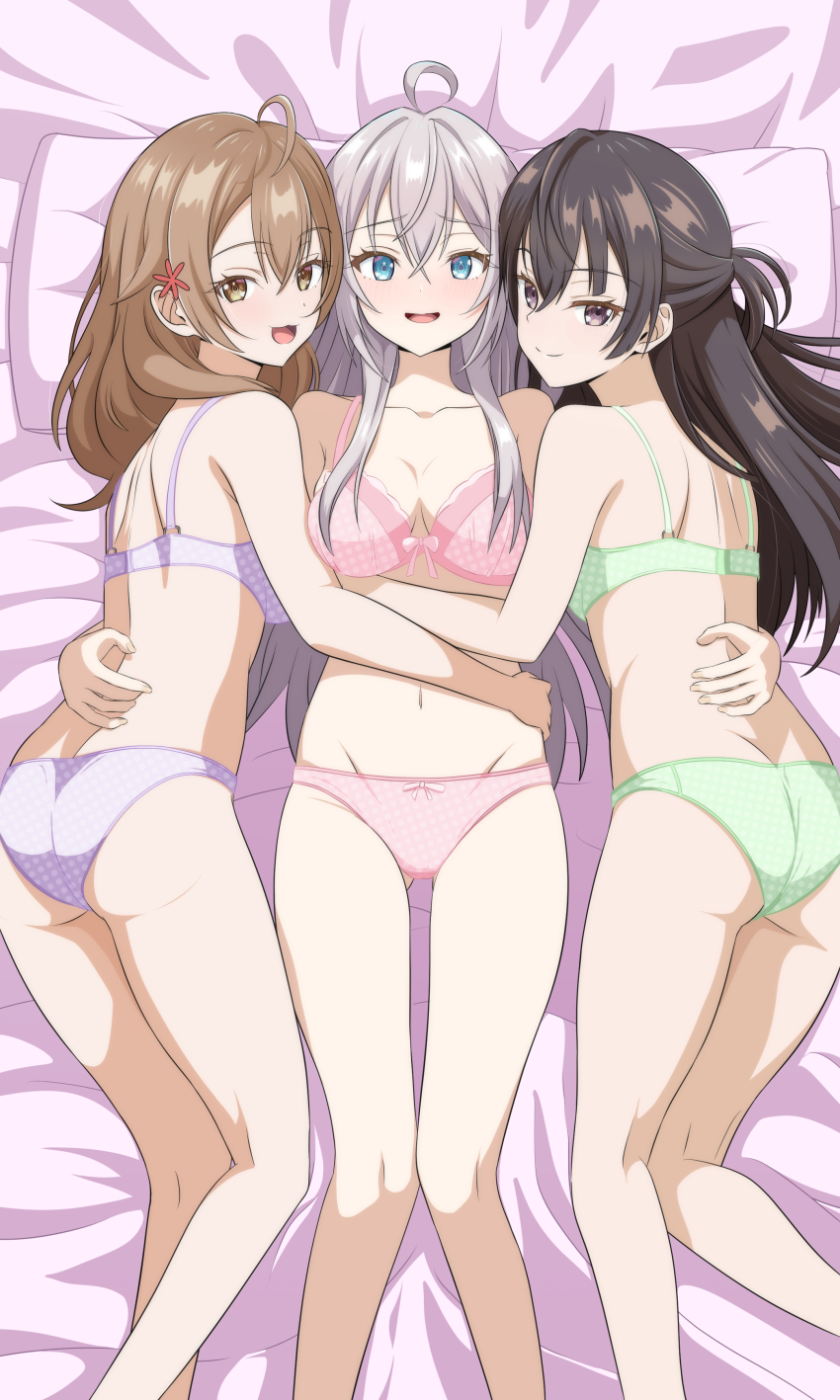 3girls, :3, absurdres, ahoge, alisa_mikhailovna_kujou, arm_around_another's_waist, ass, blush, bow, bow_bra, bow_panties, bra, breasts, brown_eyes, brown_hair, closed_mouth, commentary_request, commission, eyebrows_hidden_by_hair, feet_out_of_frame, girl_sandwich, gluteal_fold, green_bra, green_panties, groin, hair_between_eyes, hand_on_another's_back, hand_on_another's_hip, highres, hug, long_hair, looking_at_viewer, lying, mariya_mikhailovna_kujou, medium_breasts, multiple_girls, on_back, on_bed, open_mouth, panties, pink_bra, pink_panties, pixiv_commission, polka_dot, polka_dot_bra, polka_dot_panties, purple_bra, purple_eyes, purple_panties, sandwiched, siblings, sisters, smile, suou_yuki, takuru, tokidoki_bosotto_roshia-go_de_dereru_tonari_no_alya-san, underwear, underwear_only, white_hair