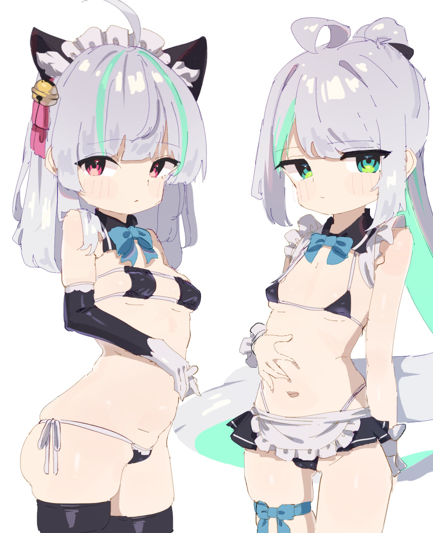 2girls, admi_(nikke), ahoge, animal_ear_fluff, animal_ears, bare_shoulders, bell, bikini, black_bikini, black_collar, black_gloves, black_thighhighs, blue_bow, blue_bowtie, blush, bow, bow_legwear, bowtie, breasts, cat_ears, closed_mouth, collar, colored_inner_hair, detached_collar, elbow_gloves, epinel_(nikke), eyebrows_hidden_by_hair, eyepatch_bikini, fake_animal_ears, frilled_hairband, frilled_headwear, frilled_sleeves, frilled_wrist_cuffs, frills, g-string, gloves, gluteal_fold, goddess_of_victory:_nikke, green_eyes, green_hair, grey_hair, hair_bell, hair_ornament, hairband, highres, loli, long_hair, looking_at_viewer, looking_to_the_side, maid, maid_bikini, micro_bikini, miniskirt, multicolored_hair, multiple_girls, navel, petite, pink_eyes, ponytail, raised_eyebrows, sidelocks, skindentation, skirt, small_breasts, swimsuit, thigh_strap, thighhighs, thong, tiffany_blews, two-tone_gloves, unconventional_maid, very_long_hair, white_gloves, wrist_cuffs