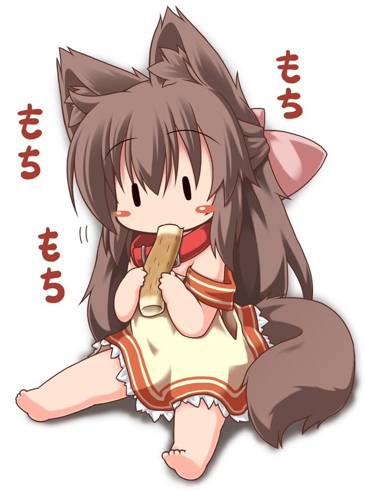 1girl, animal_ears, barefoot, blush_stickers, brown_hair, chikuwa, collar, dog_ears