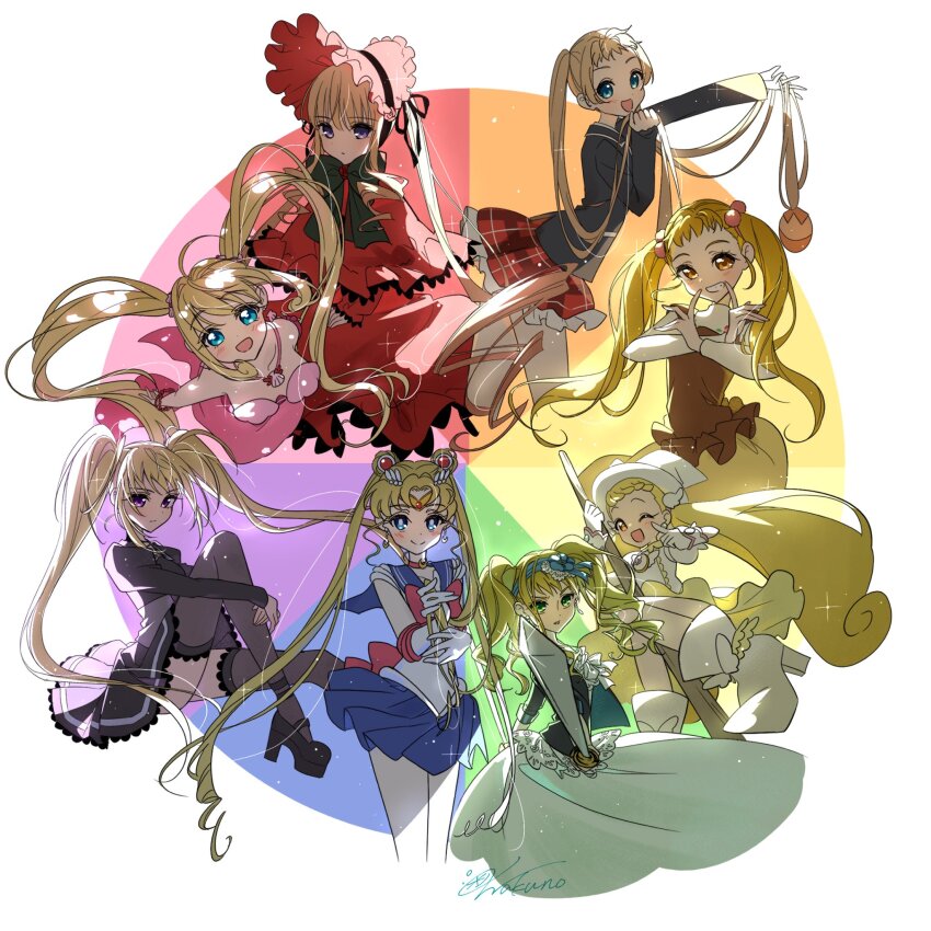 6+girls, bikini, bishoujo_senshi_sailor_moon, black_dress, black_shirt, black_thighhighs, blonde_hair, blue_eyes, blue_skirt, blunt_bangs, boots, capelet, chuunibyou_demo_koi_ga_shitai!, circle, circlet, color_wheel_challenge, commentary_request, crossover, cure_lemonade, dekomori_sanae, double_bun, dress, elizabeth_ethel_cordelia_midford, gloves, hair_bun, hat, high_heel_boots, high_heels, highres, holding, holding_sword, holding_weapon, hoshina_utau, kasugano_urara_(precure), kuroshitsuji, looking_at_viewer, magical_girl, makihatayama_hana, mermaid, mermaid_melody_pichi_pichi_pitch, monster_girl, multiple_crossover, multiple_drawing_challenge, multiple_girls, nanami_lucia, ojamajo_doremi, one_eye_closed, orange_eyes, precure, red_capelet, red_dress, red_skirt, rozen_maiden, sailor_moon, sailor_senshi_uniform, shinku, shirt, shugo_chara!, sidelocks, signature, skirt, sparkle, swimsuit, sword, thighhighs, tsukino_usagi, twintails, wakuno_lemon, weapon, white_gloves, white_hat, yellow_eyes, yes!_precure_5, yes!_precure_5_gogo!