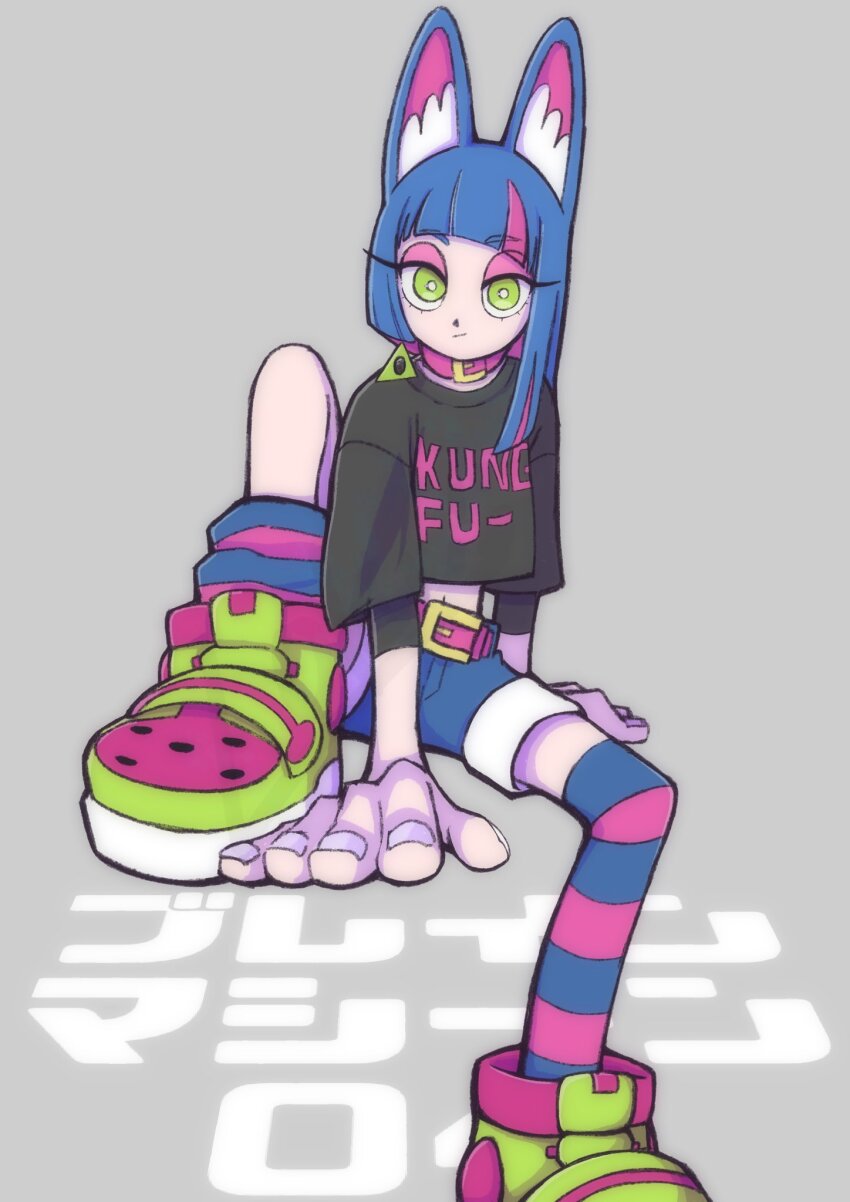 1girl, animal_ear_fluff, animal_ears, belt, blue_hair, cat_ears, cat_girl, clothes_writing