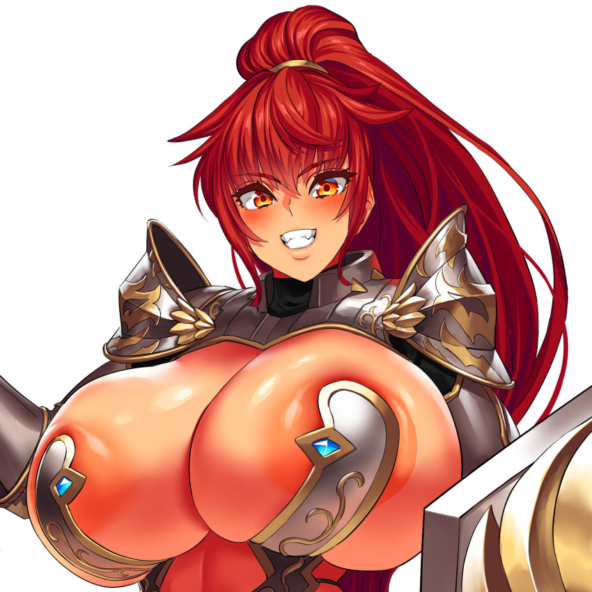 1girl, areola_slip, armor, bikini_armor, blush, breasts, bursting_breasts, cleavage, eyebrows_hidden_by_hair, female_focus, female_knight, grin, hair_between_eyes, hair_tie, high_collar, high_ponytail, highres, holding, holding_shield, huge_breasts, knight, large_areolae, long_hair, looking_at_viewer, obui, official_art, orange_eyes, original, ponytail, red_hair, revealing_armor, revealing_clothes, shield, shoulder_armor, skindentation, smile, teeth, upper_body, white_background