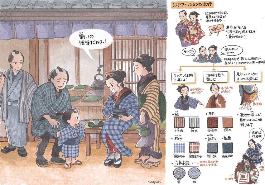 2girls, 3boys, ankle_socks, architecture, black_hair, blue_kimono, east_asian_architecture, geta