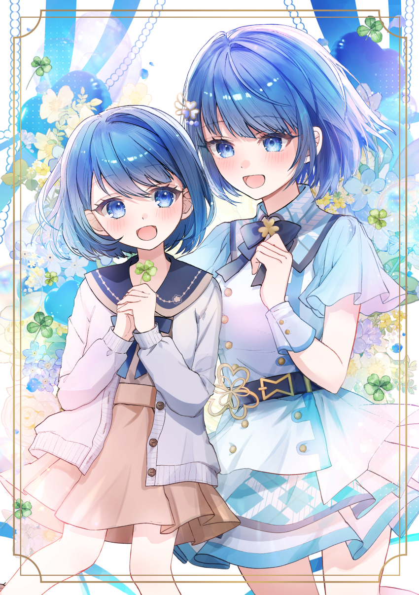 2girls, :d, absurdres, age_comparison, belt, black_belt, black_bow, black_bowtie, blue_dress, blue_eyes, blue_flower, blue_hair, blue_ribbon, blush, bob_cut, bow, bowtie, brown_skirt, buttons, cardigan, clover, clover_hair_ornament, clover_ornament, commentary, cowboy_shot, double-breasted, dress, five-leaf_clover, flower, four-leaf_clover, gradient_clothes, gradient_dress, grey_shirt, hair_ornament, heart, high-waist_skirt, highres, holding, holding_clover, idol, idol_clothes, kiritani_haruka, layered_skirt, leaf, long_sleeves, looking_at_another, mairu003, multiple_girls, open_mouth, project_sekai, purple_flower, ribbon, shirt, short_sleeves, skirt, smile, swept_bangs, time_paradox, white_cardigan, white_dress, wide_sleeves, wrist_cuffs, yellow_flower