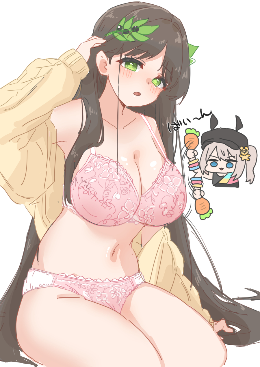 2girls, black_survival, blush, bra, breasts, brown_hair, cleavage, ealun_zatta, eternal_return:_black_survival, green_eyes, gweon_sua, hair_ornament, highres, long_hair, looking_at_viewer, multiple_girls, navel, open_mouth, panties, pink_bra, pink_panties, simple_background, underwear, very_long_hair, white_background