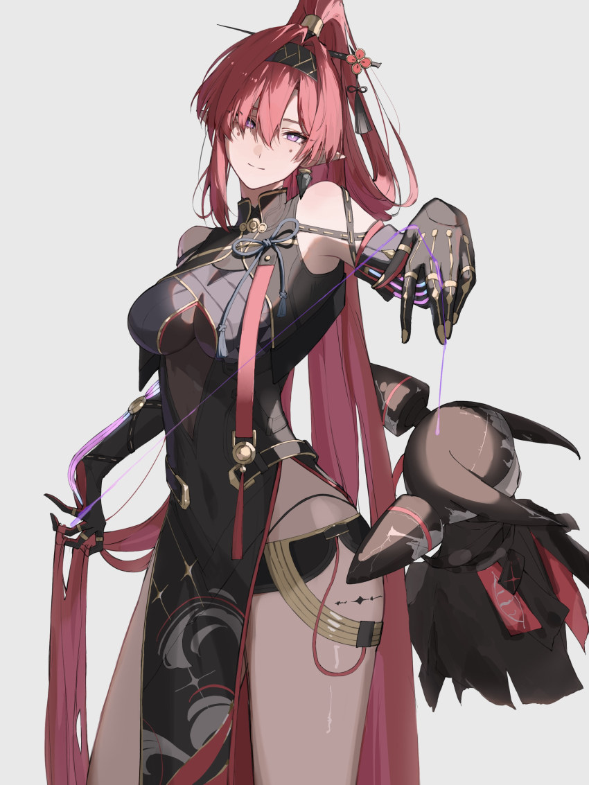 1girl, 1other, absurdly_long_hair, absurdres, bare_legs, bare_shoulders, black_bodysuit, black_cloak