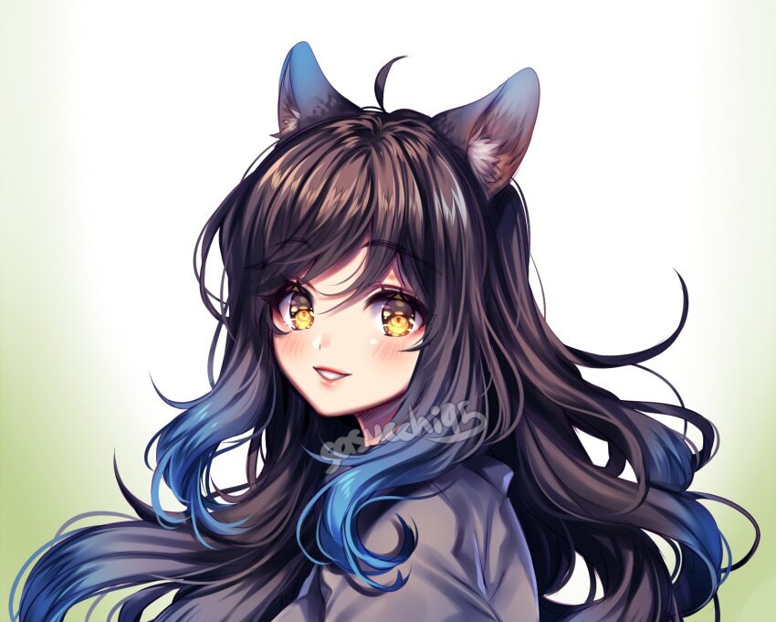 1girl, ahoge, akidearest, animal_ear_fluff, animal_ears, artist_name, black_hair, blue_hair, blush, commentary, english_commentary, gradient_hair, grey_shirt, grin, hair_between_eyes, highres, long_hair, looking_at_viewer, looking_back, multicolored_hair, portrait, sasucchi95, shirt, simple_background, smile, solo, two-tone_hair, white_background, yellow_eyes, youtube