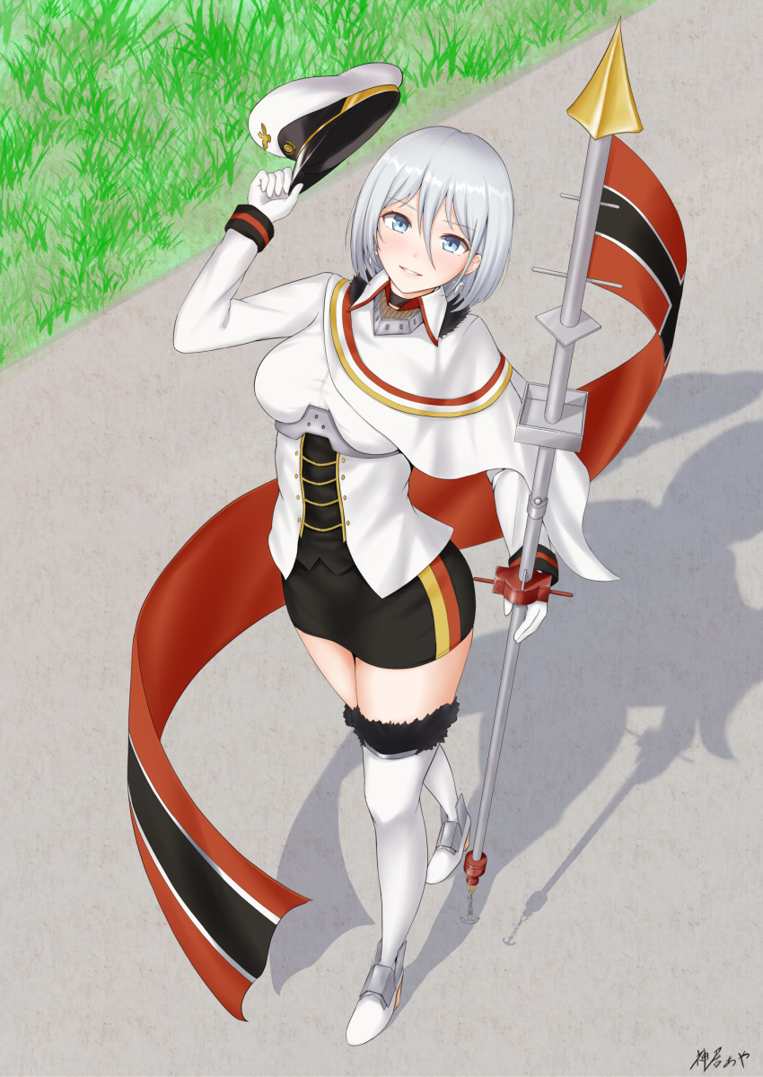 1girl, anchor, azur_lane, black_skirt, blue_eyes, boots, breasts, cape, capelet, cross, cross_earrings, detached_sleeves, earrings, flag, flagpole, fur-trimmed_boots, fur-trimmed_cape, fur_trim, german_flag, gloves, grass, hair_between_eyes, hat, highres, holding, holding_flag, holding_polearm, holding_scepter, holding_unworn_clothes, holding_unworn_hat, holding_weapon, imperial_war_flag, jewelry, kamui_aya, long_sleeves, medium_breasts, military, military_hat, military_uniform, miniskirt, open_mouth, outdoors, pavement, peaked_cap, pencil_skirt, polearm, scepter, shadow, short_hair, signature, skirt, smile, solo, teeth, thigh_boots, thighhighs, tirpitz_(azur_lane), unworn_hat, unworn_headwear, weapon, white_boots, white_gloves, white_hair, zettai_ryouiki