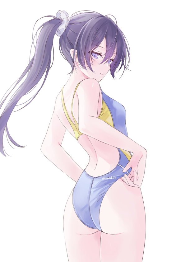1girl, adjusting_clothes, adjusting_swimsuit, ass, blue_one-piece_swimsuit, blush, competition_swimsuit, double-parted_bangs