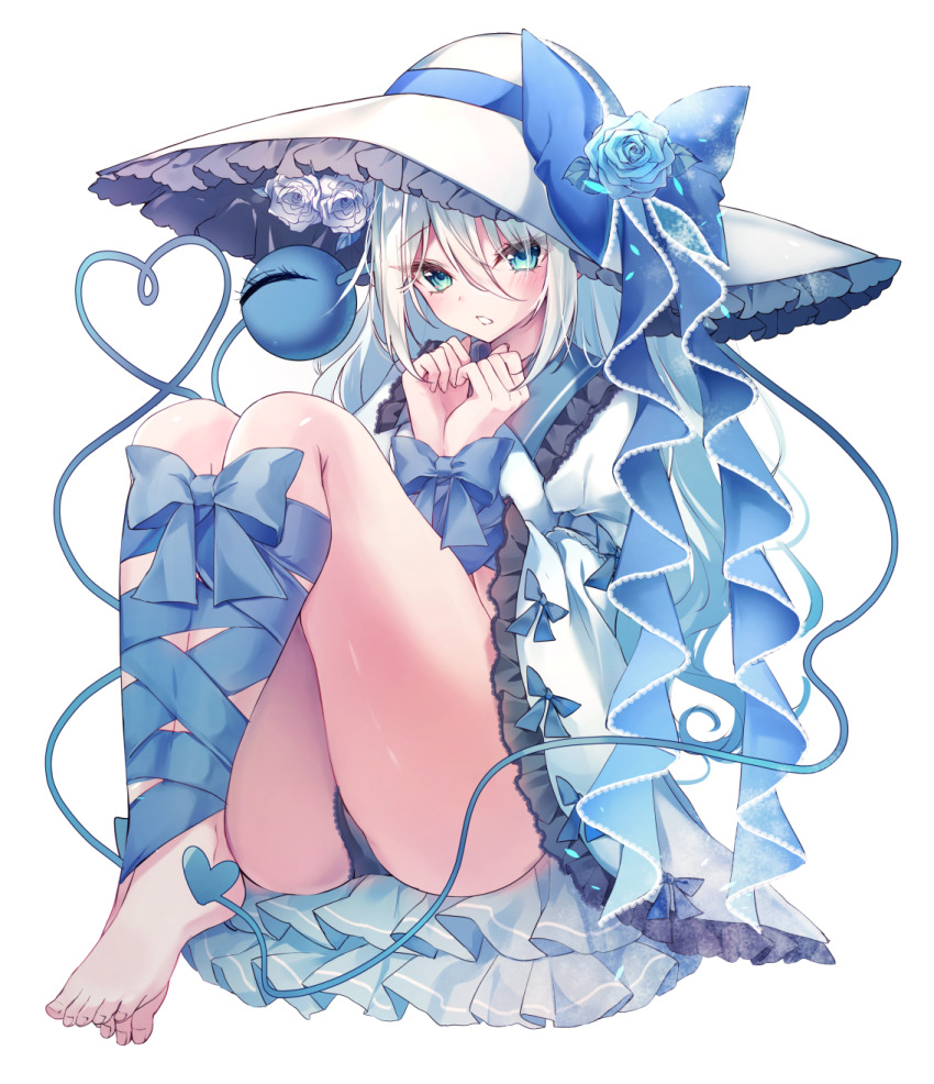 1girl, alternate_color, alternate_hair_length, alternate_hairstyle, aqua_eyes, ass, barefoot, black_panties