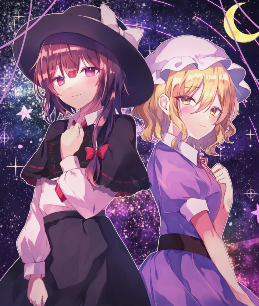 2girls, belt, black_belt, black_capelet, black_hat, black_skirt, blonde_hair, book