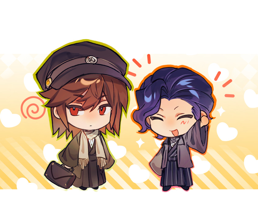 2boys, alternate_costume, arm_up, ashao35846, black_hakama, black_hat, black_kimono, blue_hair