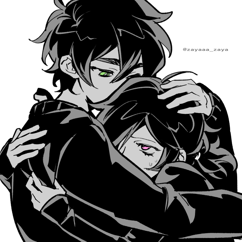 1boy, 1girl, ahoge, andrew_graves, ashley_graves, bright_pupils, brother_and_sister, commentary, double-parted_bangs, eye_contact, green_eyes, greyscale, hair_between_eyes, hand_on_another's_head, hands_on_another's_back, highres, hug, long_sleeves, looking_at_another, monochrome, mutual_hug, pink_eyes, ponytail, shirt, short_hair, siblings, simple_background, sleeves_past_wrists, spot_color, sweat, sweater, untranslatable_commentary, the_coffin_of_andy_and_leyley, twitter_username, upper_body, white_background, zayaaa_zaya
