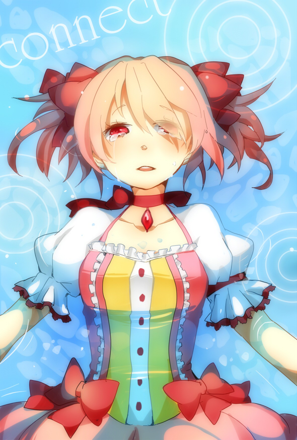 10s, 1girl, bow, female_focus, gradient_background, hair_bow, kaname_madoka, kaname_madoka_(magical_girl), magical_girl, mahou_shoujo_madoka_magica, mahou_shoujo_madoka_magica_(anime), open_mouth, pink_eyes, pink_hair, short_twintails, sodacyandy, solo, tears, twintails, water