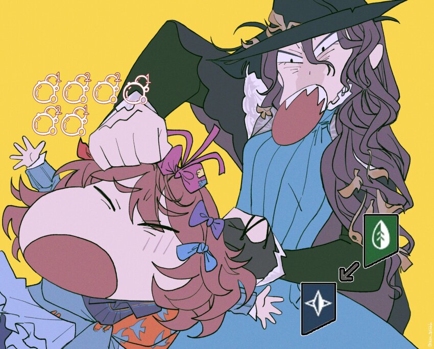 2girls, angry, black_cape, black_gloves, black_hair, black_hat, black_sleeves, blue_bow