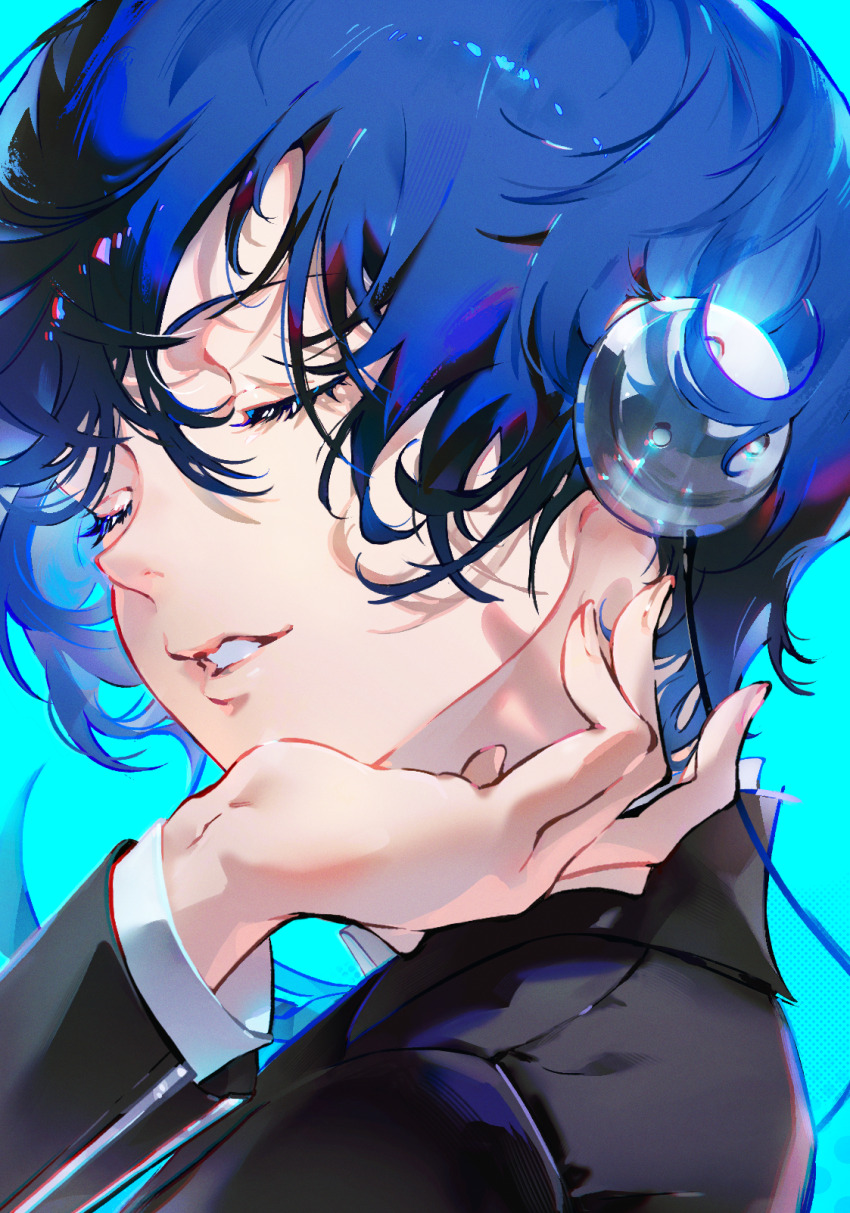 1boy, aqua_background, black_jacket, blue_hair, closed_eyes, commentary, english_commentary, fingernails