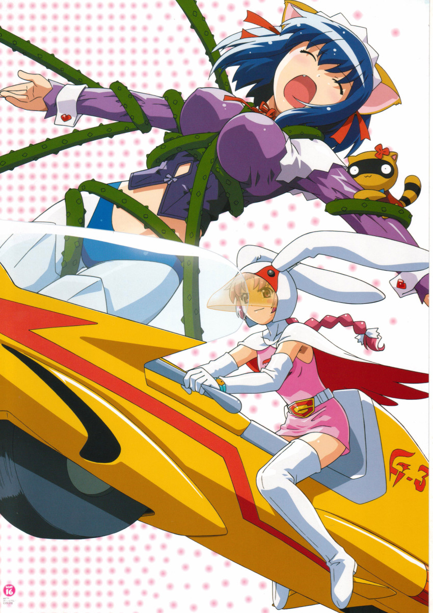 00s, absurdres, animal_ears, cosplay, crossover, gatchaman, highres, jun_the_swan_(cosplay), kokubunji_koyori, magical_maid_koyori, nakahara_komugi, nurse_witch_komugi-chan, posokichi, rabbit_ears, raccoon_ears, tagme, thighhighs