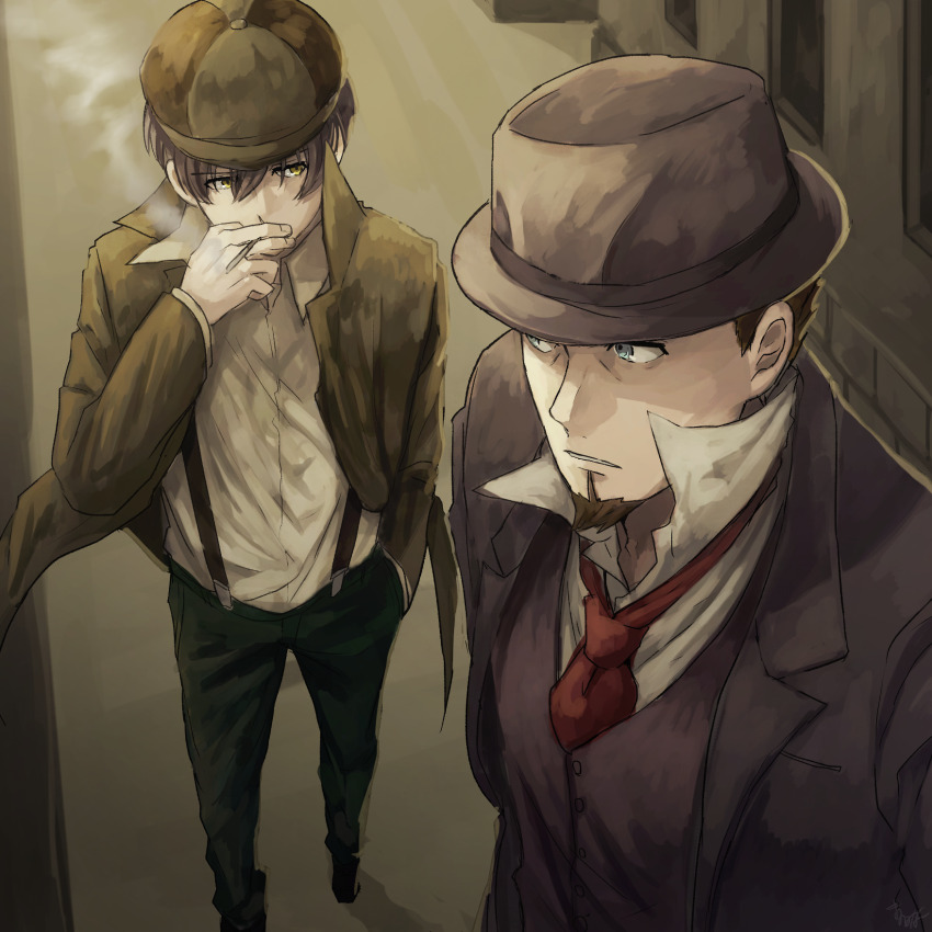 2boys, 91_days, avilio_bruno, blue_eyes, brown_hat, brown_jacket, brown_vest, building