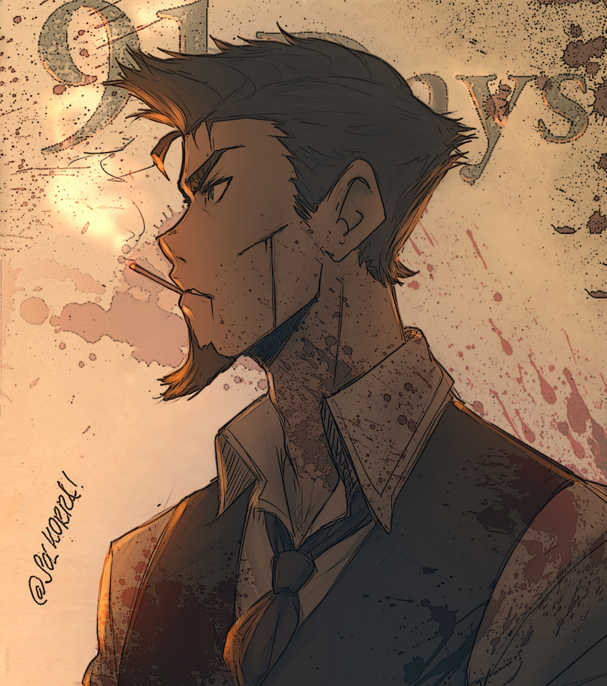 1boy, 91_days, black_eyes, black_hair, black_necktie, black_vest, blood, blood_splatter