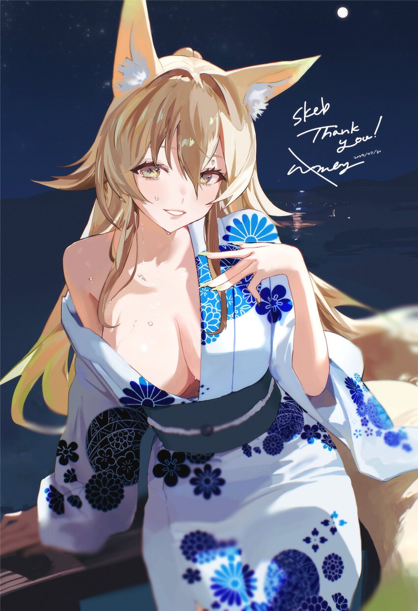 1girl, absurdres, animal_ear_fluff, animal_ears, blonde_hair, blurry, blush, breasts