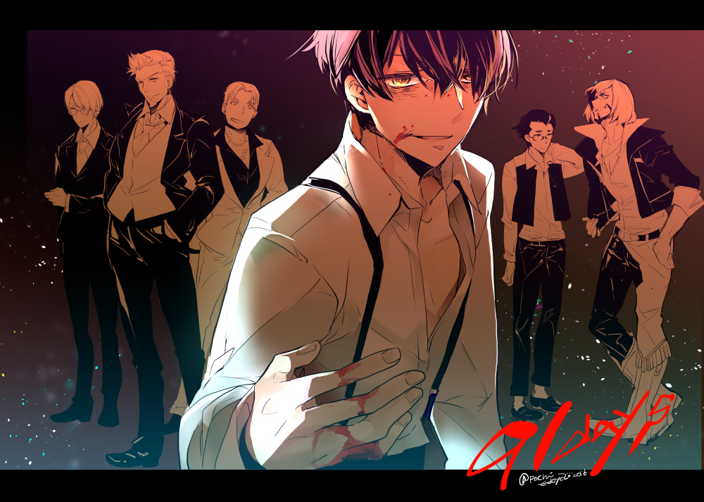 6+boys, 91_days, avilio_bruno, barbero, beard_stubble, black_footwear, black_hair, black_jacket