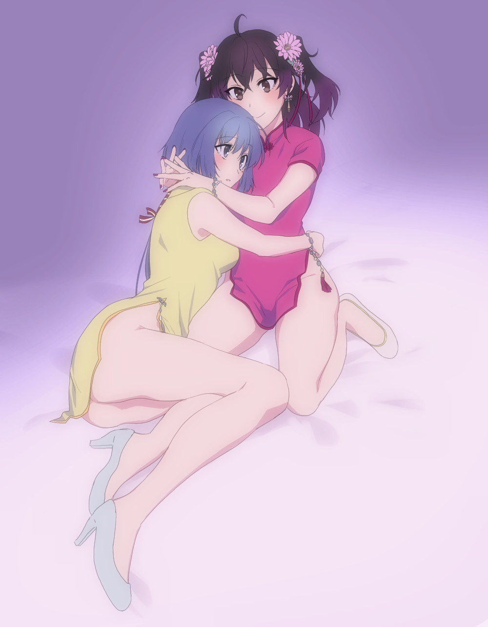 2girls, asakura_mihono, ass, blue_footwear, blue_hair, bracelet, brown_eyes, brown_hair