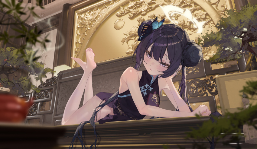 1girl, absurdres, bare_arms, bare_legs, barefoot, black_dress, black_hair, blue_archive, blurry, blurry_foreground, bonsai, braid, bun_with_braided_base, butterfly_hair_ornament, china_dress, chinese_clothes, chinese_commentary, commentary_request, double_bun, dragon_print, dress, foot_up, full_body, grey_eyes, hair_bun, hair_ornament, halo, halter_dress, halterneck, head_rest, highres, indoors, kisaki_(blue_archive), long_hair, lying, mandarin_collar, mile_miluo, on_stomach, panty_straps, plant, potted_plant, print_dress, short_dress, side_slit, sleeveless, sleeveless_dress, smoke, smoke_trail, soles, solo, the_pose, twintails, very_long_hair