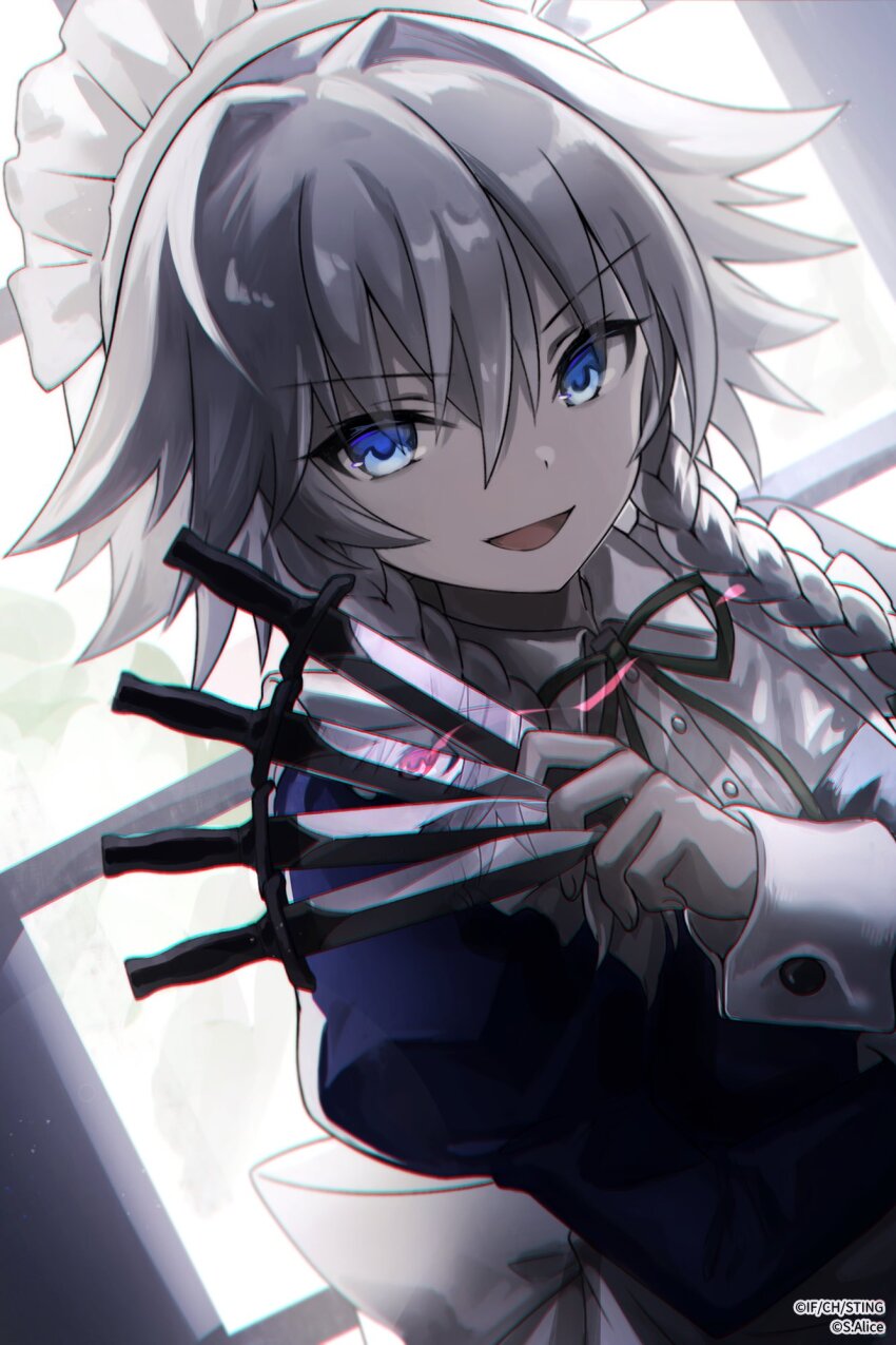 1girl, between_fingers, blue_eyes, braid, colorized, commentary_request, copyright_notice, derivative_work