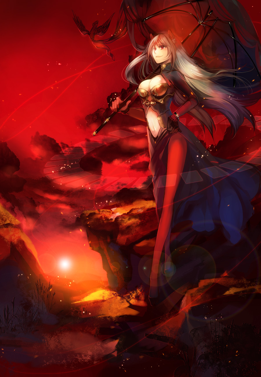 1girl, albino, animal_ears, armor, bird, breasts, cat_ears, cleavage, cloud, female_focus, hand_on_own_hip, highres, hip_focus, kyouka_hatori, lens_flare, long_hair, midriff, navel, original, pantyhose, red_eyes, red_pantyhose, red_sky, side_slit, skirt, sky, smile, solo, sunset, umbrella, white_hair