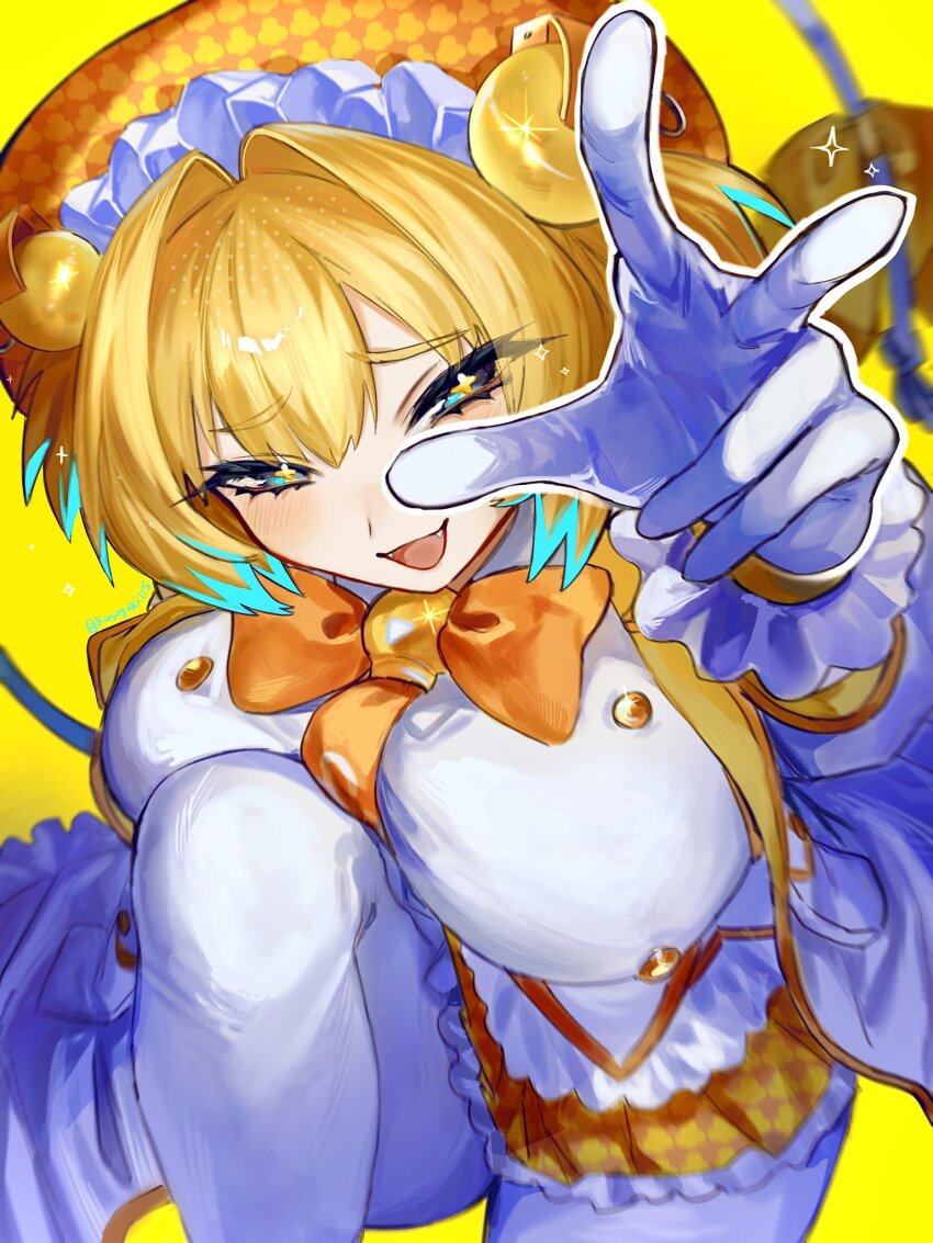 +_+, 1girl, beret, blonde_hair, blue_eyes, blue_hair, bombergirl, bow, bowtie, breasts, colored_tips, dress, explosive, fangs, frilled_dress, frilled_gloves, frills, gloves, grenade, grenade_hair_ornament, hair_intakes, hat, highres, kusogaki115, large_breasts, looking_at_viewer, multicolored_hair, necktie, open_mouth, pantyhose, pine_(bombergirl), reaching, reaching_towards_viewer, short_hair, simple_background, solo, symbol-shaped_pupils, twintails, two-tone_hair, white_dress, white_gloves, white_pantyhose, yellow_background, yellow_bow, yellow_bowtie, yellow_necktie, yellow_pupils