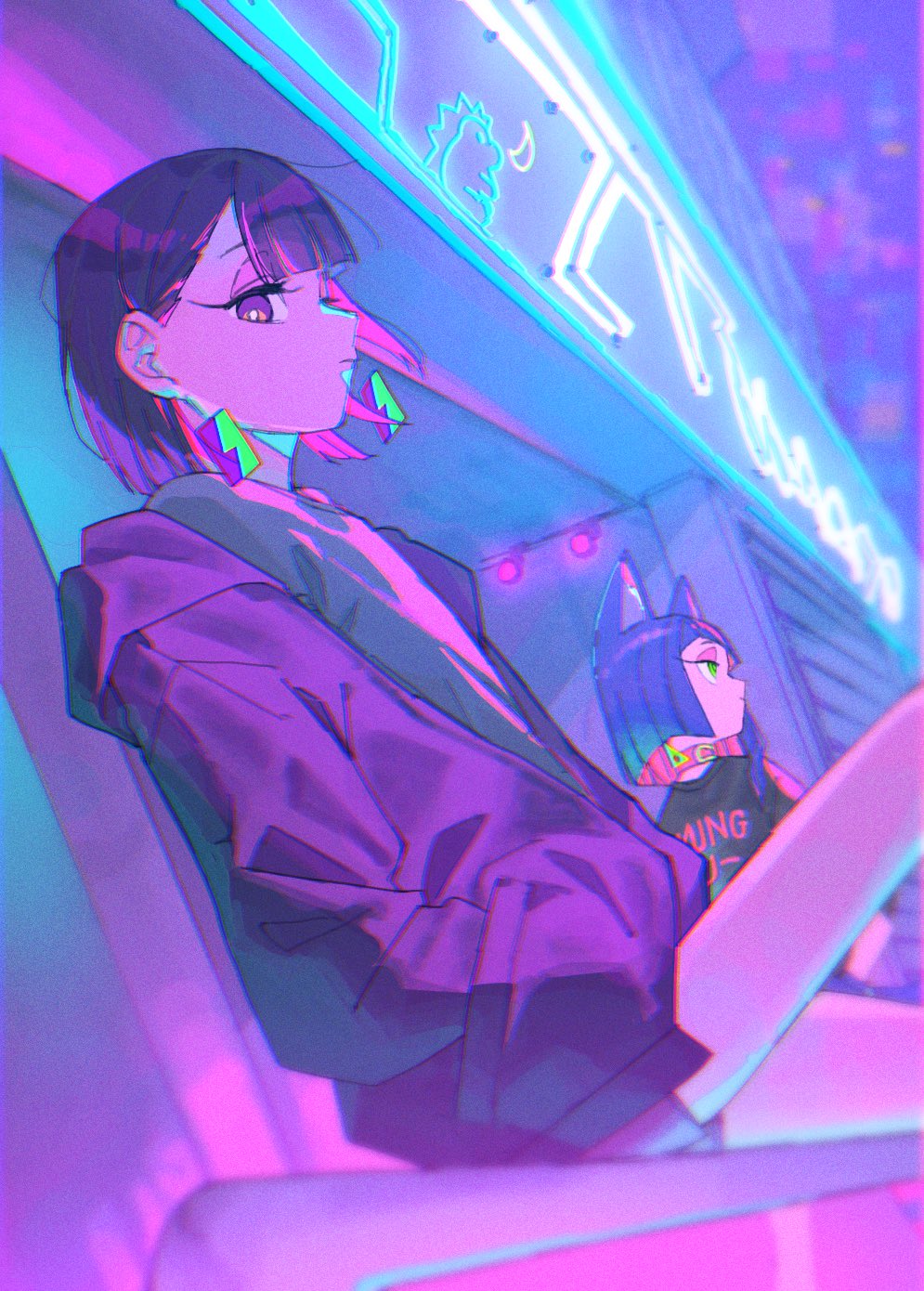 2girls, animal_ear_fluff, animal_ears, blue_hair, cat_ears, cat_girl, clothes_writing, colored_inner_animal_ears, colored_inner_hair, earrings, feet_out_of_frame, floating_hair, green_eyes, grey_shirt, hands_in_pockets, highres, jacket, jewelry, kung-fu-piggy, kyoutu, multicolored_hair, multiple_girls, nira-chan, nira-chan_(obenkyou_shitoiteyo)_(zutomayo), obenkyou_shitoiteyo, purple_eyes, purple_jacket, purple_theme, sammy_(kung-fu-piggy), shirt, sitting, streaked_hair, zutto_mayonaka_de_ii_no_ni