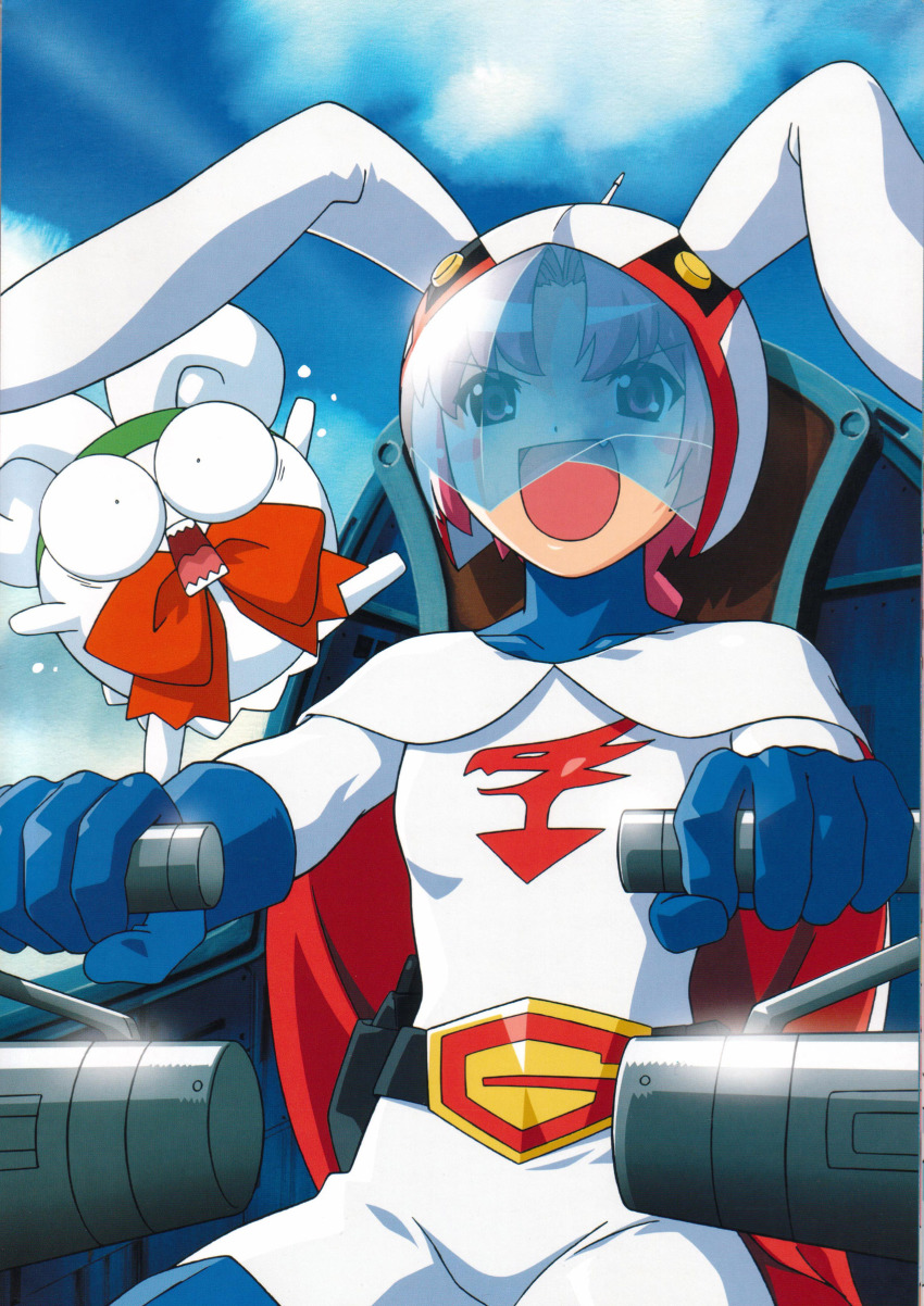 :d, :o, absurdres, animal_ears, belt, belt_buckle, blush_stickers, bodysuit, bow, braid, buckle, cape, cloud, cockpit, constricted_pupils, cosplay, cowboy_shot, evil_smile, fake_animal_ears, fang, flat_chest, flying_sweatdrops, gatchaman, gloves, gun, helmet, highres, holster, itou_katsunobu, ken_the_eagle, ken_the_eagle_(cosplay), long_hair, mugi_maru, mugimaru, nakahara_komugi, nurse_witch_komugi-chan, official_art, open_mouth, parody, parted_bangs, pink_eyes, pink_hair, rabbit_ears, scan, single_braid, sitting, sky, smile, surprised, tatsunoko_pro, teeth, thighhighs, turtleneck, visor, weapon, wide-eyed