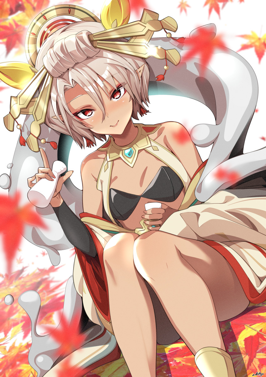 1girl, absurdres, autumn_leaves, bandeau, bare_shoulders, black_sleeves, blue_gem, cup