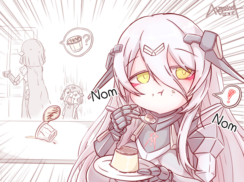 !, 3girls, 4m_yugami, ?, anna_(girls'_frontline), black_hair, crying, crying_with_eyes_open, eating, emphasis_lines, eyeshadow, food, food_on_face, girls'_frontline, hair_between_eyes, headgear, highres, long_hair, makeup, multiple_girls, nyto_(generic)_(girls'_frontline), nyto_(girls'_frontline), paradeus, pudding, red_eyeshadow, short_hair, solo_focus, spoken_exclamation_mark, spoken_question_mark, tareus_(girls'_frontline), tears, very_long_hair, white_hair, yellow_eyes