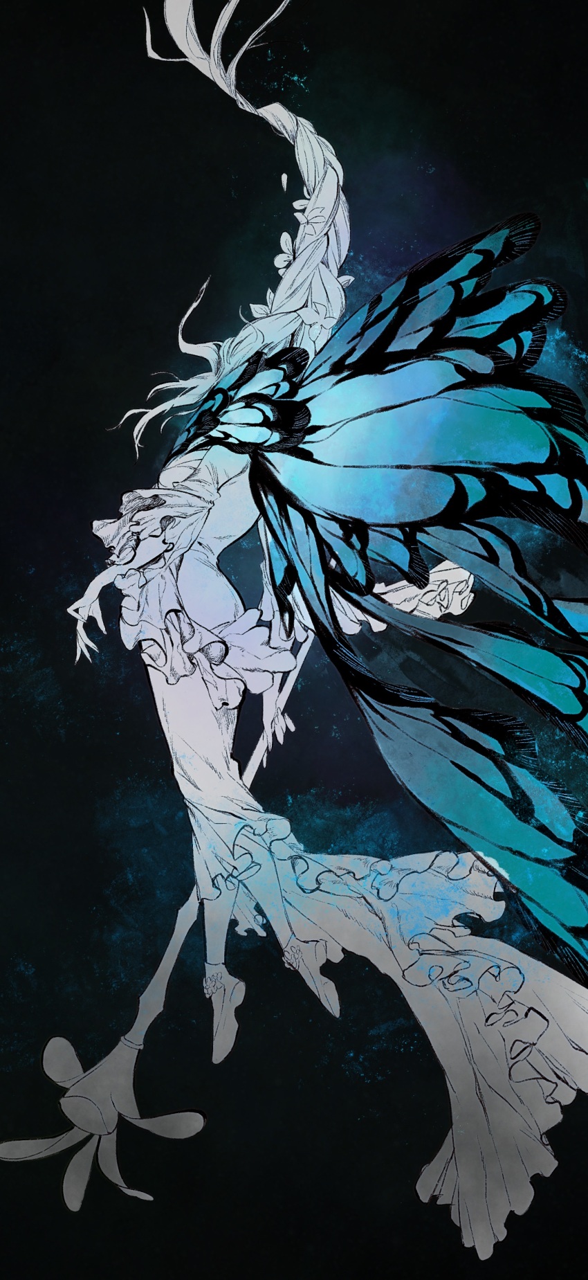 1girl, abstract_background, absurdres, butterfly_wings, dress, final_fantasy, final_fantasy_xiv, frilled_dress