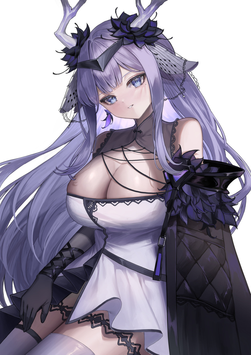 1girl, absurdres, animal_ears, antlers, black_flower, black_gloves, blue_eyes, breasts, cleavage, deer_antlers, deer_girl, dress, echocalypse, elbow_gloves, eyelashes, flower, gloves, hair_flower, hair_ornament, highres, horns, large_breasts, long_hair, mole, mole_under_eye, off_shoulder, purple_hair, solo, teacup_(teacup1031), thighhighs, white_dress, white_thighhighs, zawa_(echocalypse)